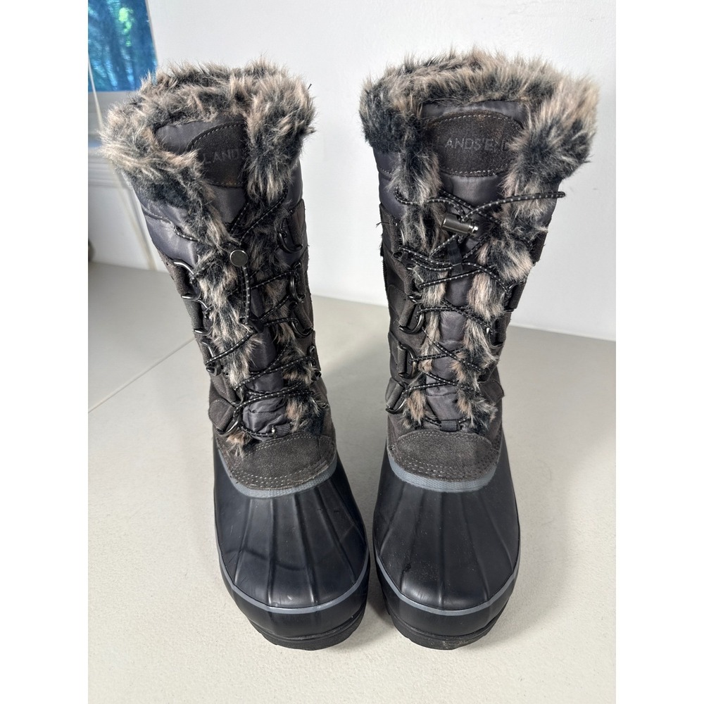 Lands End Womens Grey Suede Faux Fur Trim Waterproof Winter Snow Boots Size 8B